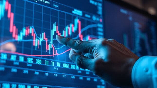 hand interacting with a digital trading screen showing candlestick charts and financial indicators - Powered by Adobe