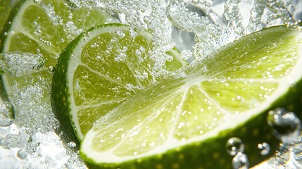 Close-up of bright green lime slices in water with bubbles and ripples on a white background, highlighting vibrant contrast and details.