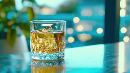A glass of amber colored whiskey on a table surrounded by a refined and cozy atmosphere inviting relaxation and savoring the moment