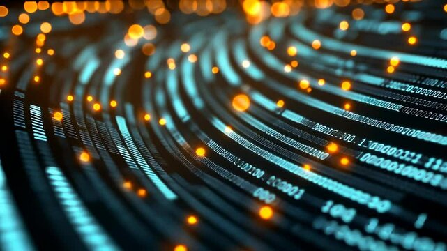Abstract Digital Data Stream With Glowing Orange Lights And Blue Binary Code Display