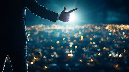 Dynamic business presentation gesture urban skyline professional image night setting close-up view impactful communication