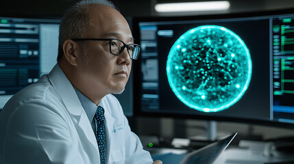 Research scientist analyzing data laboratory digital visualization high-tech environment close-up view scientific exploration