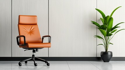 A sleek and sophisticated leather office chair positioned in a minimalist and elegant workspace accented by a potted plant for a touch of nature