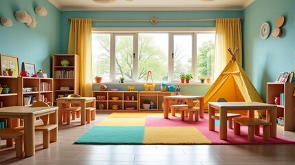 Bright Kindergarten Classroom with Tables Chairs and Play Tent Sunny Space