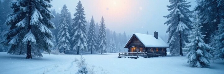 Dense snowfall envelops the woodland scene featuring majestic pine trees and a secluded cabin, serene landscape, winter landscape, woodland scene