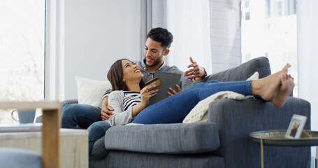 Home, credit card and couple with tablet, transactions and relax with ecommerce, mortgage and...
