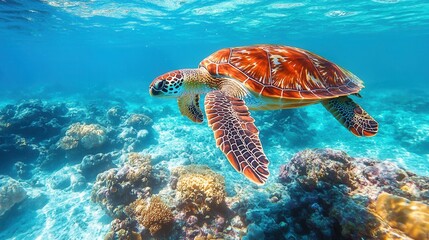 Obraz premium Graceful sea turtle swimming in crystal clear turquoise ocean waters above vibrant coral reef ecosystem underwater marine life