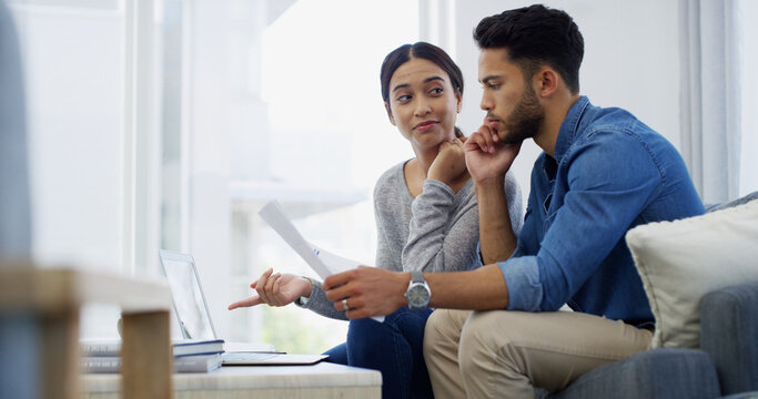 Budget, thinking or couple with laptop, documents or household salary for mortgage payment. Financial question, loan or confused people with bills, doubt or debt with recession, taxes or inflation