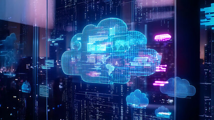Digital cloud technology integration urban office infographic display nighttime futuristic concept