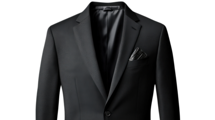 Elegant black suit jacket with pocket square on transparent background