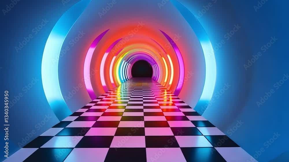 Poster illuminated tunnel: an abstract view of a futuristic tunnel with a checkerboard pattern floor, leadi
