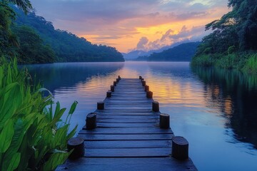 Fototapeta premium Wooden dock at tranquil lake sunrise, lush jungle backdrop