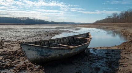 A dried-up reservoir, with a boat lying on its side in the mud 