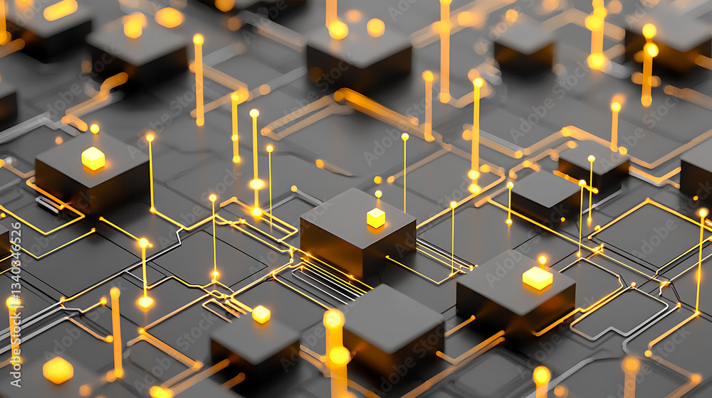 Poster exploring digital circuits technology innovation virtual environment abstract visualization illumina