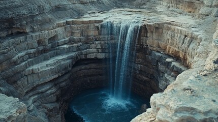 A dried-up waterfall, revealing rocky layers underneath 