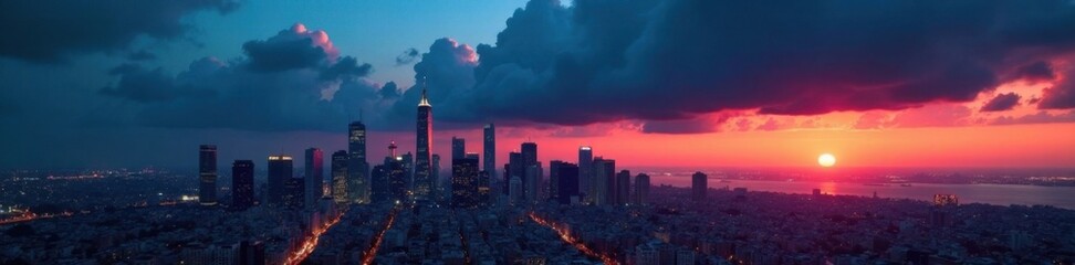 Fototapeta premium Edgy cityscape at dusk with towering skyscrapers and a dark ominous cloud, citynightlife, , dusk