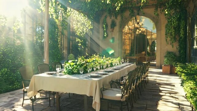 A beautifully arranged long dining table set for a formal banquet in a stunning courtyard adorned with lush greenery and natural sunlight. The elegant ambiance, classic architecture, and soft lighting