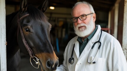 Veterinarian in Lab Coat Engaging with a Beautiful Dark Horse at an Equestrian Facility, Highlighting Animal Care and Compassion in the Veterinary Profession