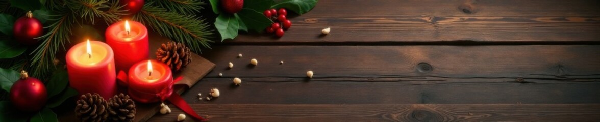 Elegant Christmas decor against a rustic wooden background with candles, pinecones and holly, rustic wooden background, evergreen branches