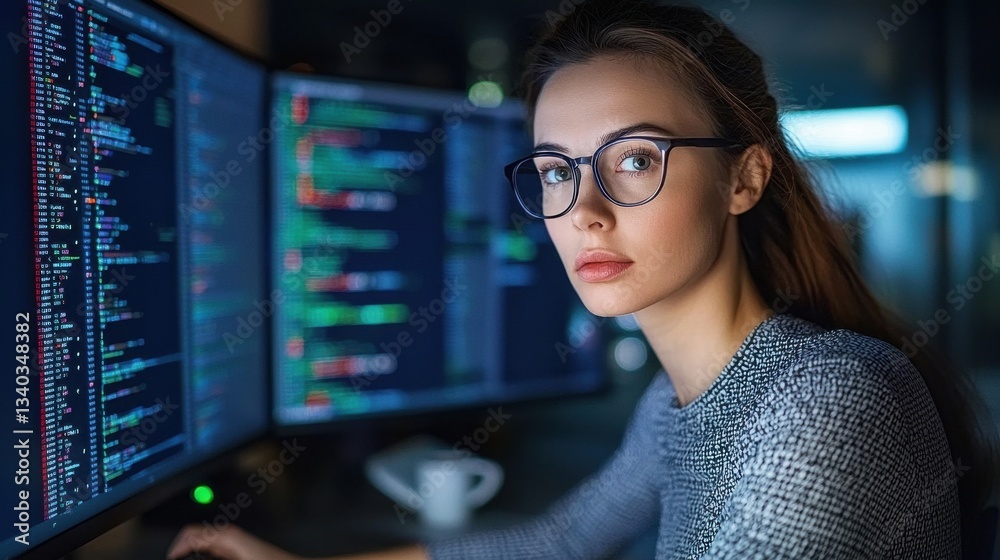 Poster a focused bespectacled woman deeply immersed in her work analyzing data and programming on a compute