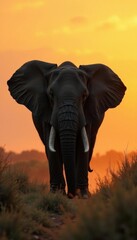 Obraz premium Elephant silhouette against misty savannah backdrop, savannah, animal