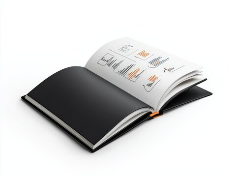 An open black notebook displaying colorful charts and graphs, perfect for presentations and business documentation.