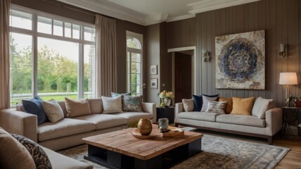 Modern living room with large windows and artwork, ideal for interior design inspiration