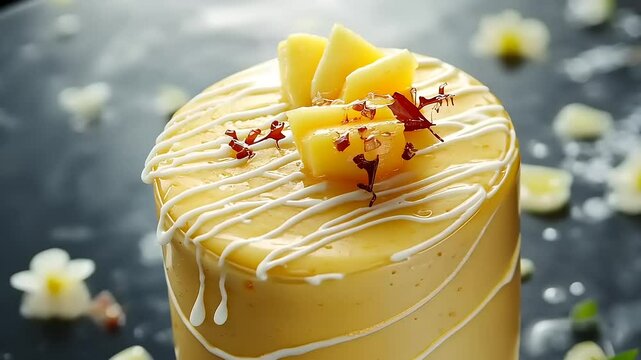 Creamy mango dessert topped with fresh fruit and delicate floral accents on a dark slate background