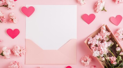 Pink flowers, hearts, and blank paper envelope, flat lay for Valentine's Day