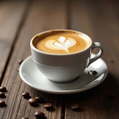 Fototapeta premium Espresso coffee cup on worn wooden table with scattered coffee beans, rustic, coffee, vintage