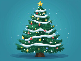 Twinkling Christmas tree in a snowy landscape, beautiful poster.