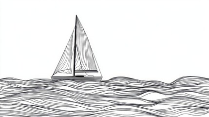 Minimalist sailboat illustration on wavy sea artistic line drawing in black and white nautical theme graphic design