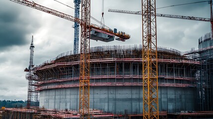 Naklejka premium Construction Crane Lifting Concrete Structure in Large Industrial Project