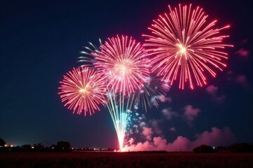 Fireworks shoot upwards in a vibrant display of color and light , night sky, pyrotechnics, fireworks