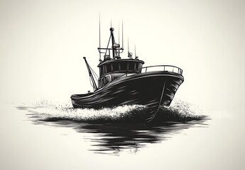 Fototapeta premium A variety of boats and ships on the sea including a fishing boat, sailboat, and tugboat with the calm ocean and sky in the background