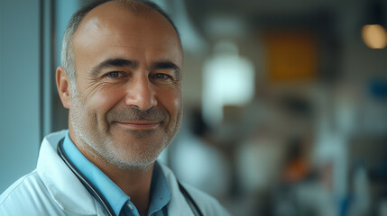 Fototapeta premium Smiling Male Doctor in Hospital, Portraying Professionalism and Compassion