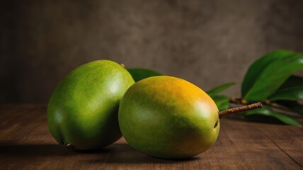 Two green and yellow mangoes on wooden table, nature background