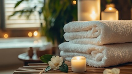 A comfortable spa still life decorates a luxury indoor room