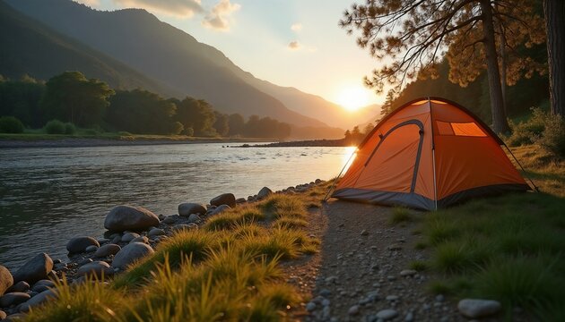 Sunset Over Serene River Camp Landscape with Orange Tent - Powered by Adobe