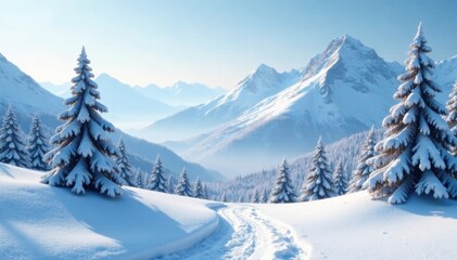 Fototapeta premium Frosty landscape with snow-covered mountains and trees , snow, tree