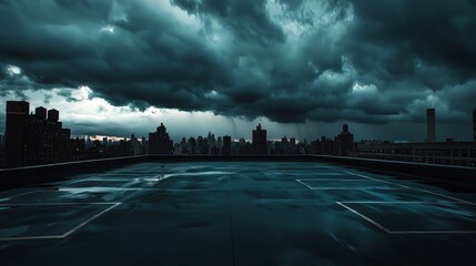 Obraz premium Dramatic Rooftop Parking Lot View Under Overcast Sky at Dusk
