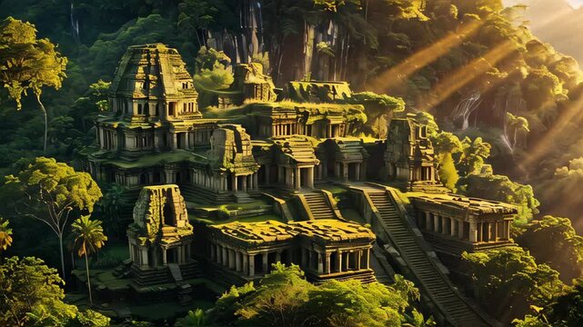 Ancient temple reveals nature's beauty during golden hour in lush jungle environment