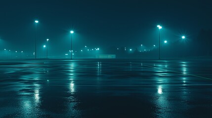 Night Rain Soaked Parking Lot with Shimmering Lights Reflections