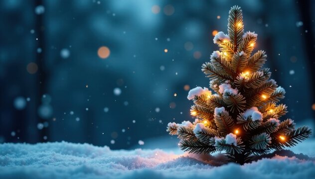 Frosty pine tree with tangled Christmas lights amidst snowflakes , festive lighting, outdoor ambiance - Powered by Adobe