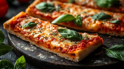 Delicious rectangular pizza slices topped with melted mozzarella cheese, tomato sauce, and fresh basil leaves.