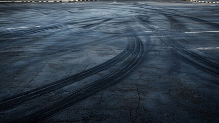 Tire Skid Marks on Deserted Parking Area with Smooth Surface