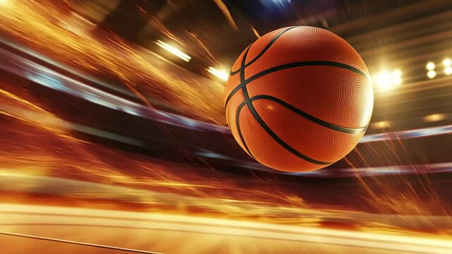 A basketball soars through the air in a dramatic fast paced arena scene