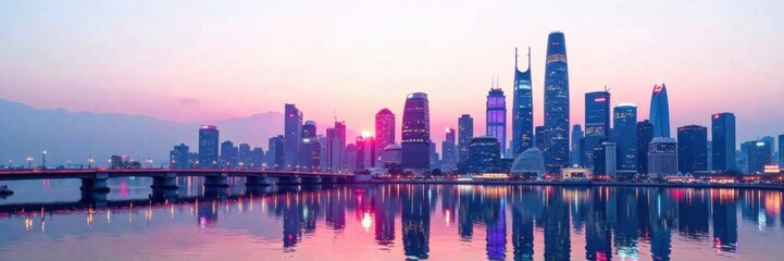 Fototapeta premium Futuristic cityscape at dusk with sleek skyscrapers and neon lights, set against a white futuristic background , neon, dusk
