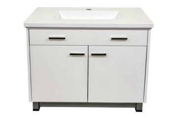 Bathroom vanity with a white sink and cabinets isolated with transparent background