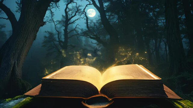 Discovering magic in an ancient forest with an open book under the full moon